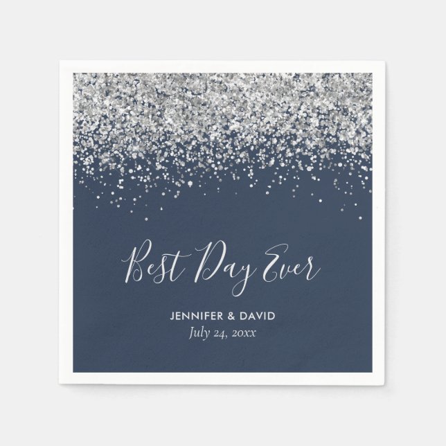 Modern Navy Blue and Silver Glitter Wedding Napkin (Front)