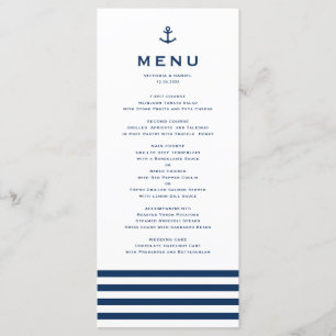 Modern Navy Blue and White Anchor Nautical Wedding Menu