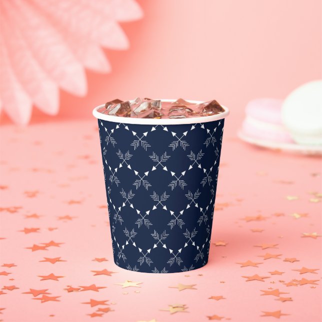 Modern Navy Blue and White Arrows Pattern Paper Cups (Insitu)