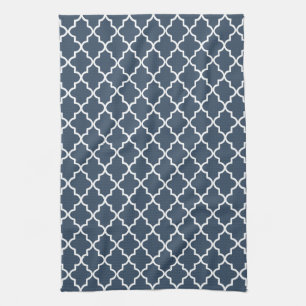 Modern Navy Blue and White Moroccan Quatrefoil Tea Towel