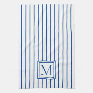 Modern Navy Blue and White Stripe Monogram Tea Towel