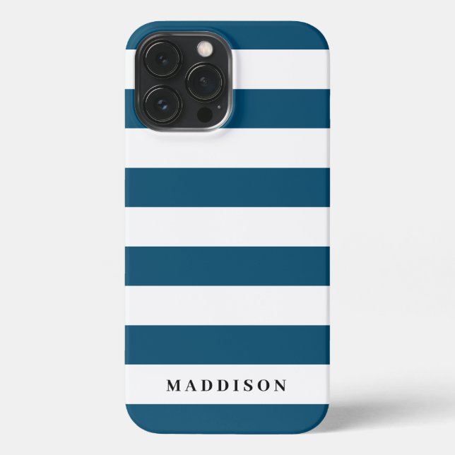 Modern Navy Blue and White Stripe Personalised iPhone Case (Back)