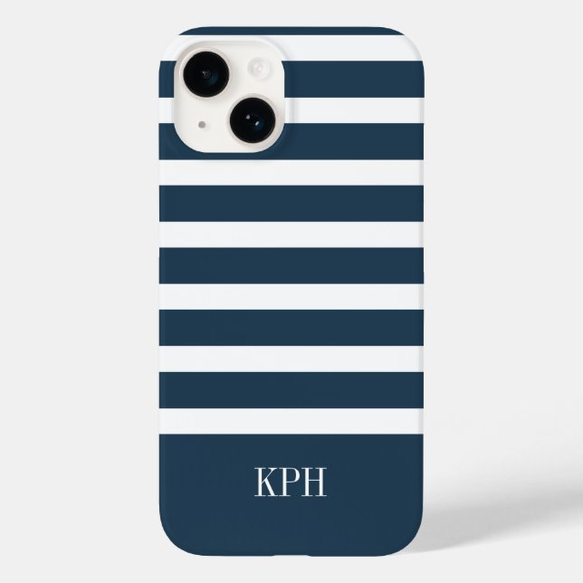 Modern Navy Blue and White Stripe with Monogram  Case-Mate iPhone Case (Back)