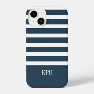 Modern Navy Blue and White Stripe with Monogram  iPhone 14 Case