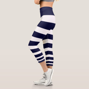 Modern navy blue and white striped capri leggings