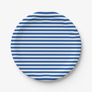 Modern Navy Blue and White Striped Paper Plate