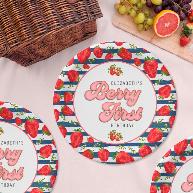 Modern Navy Blue and White Stripes Berry First Paper Plate (Creator Uploaded)
