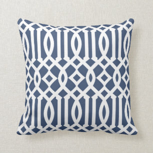Modern Navy Blue and White Trellis Pattern Cushion