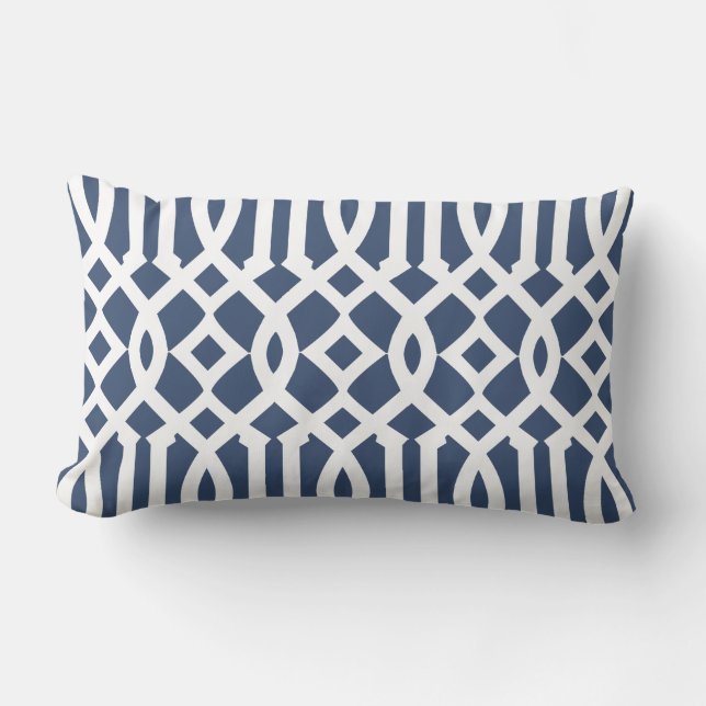 Modern Navy Blue and White Trellis Pattern Lumbar Cushion (Front)