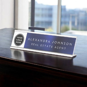 Modern Navy Blue and White with Logo, Name, Title Desk Name Plate