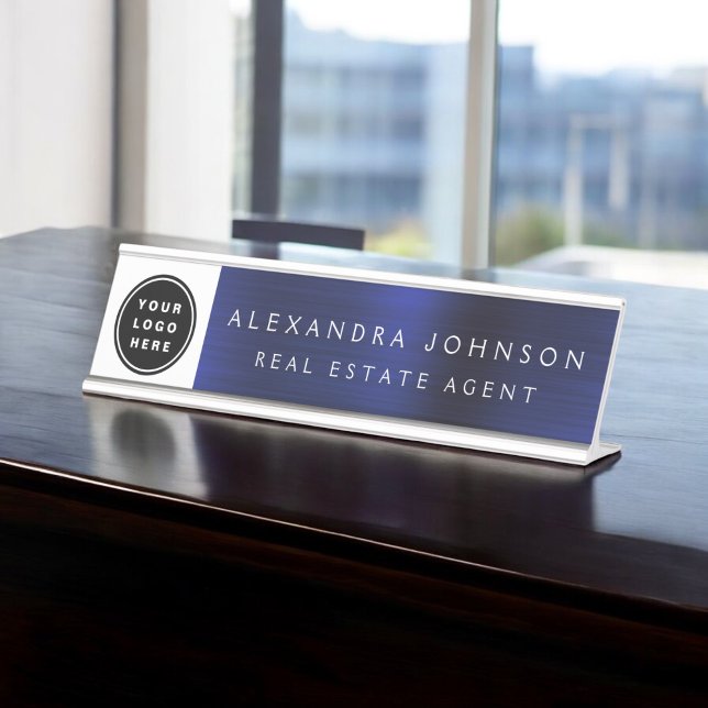 Modern Navy Blue and White with Logo, Name, Title Desk Name Plate (Creator Uploaded)
