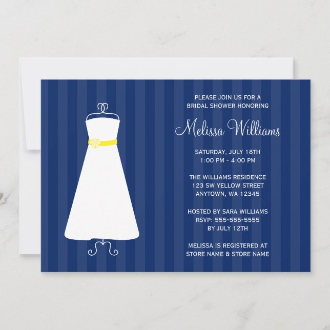 Modern Navy Blue and Yellow Gown Bridal Shower Invitation (Front)