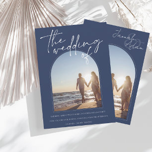 Modern Navy Blue Arch Initial Photo Wedding Invitation
