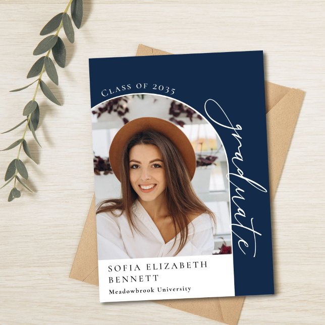 Modern Navy Blue Arch Photo Graduation Party  Invitation (Creator Uploaded)