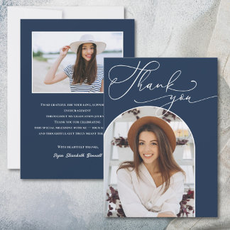 Modern Navy Blue Arch Photo Graduation Thank You Card