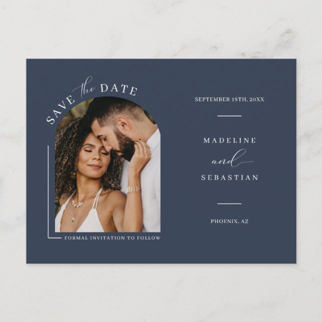 Modern Navy Blue Arch Photo QR Code Save the Date  Postcard (Front)