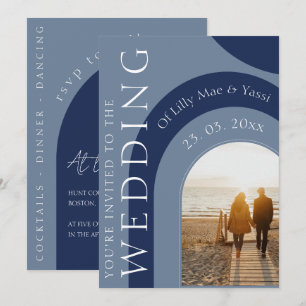 Modern Navy Blue Arch Photo Wedding Invitation