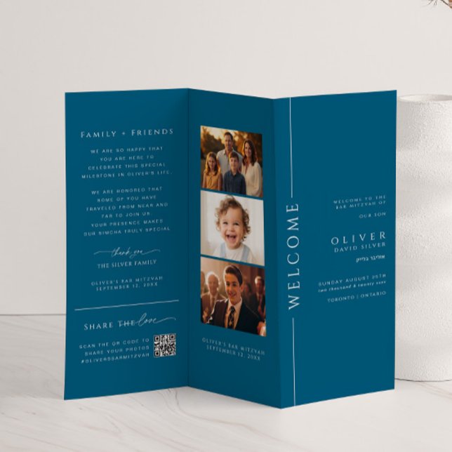 Modern Navy Blue Bar Mitzvah Trifold Program (Creator Uploaded)