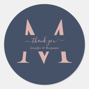 Modern Navy Blue Blush Monogram Wedding Thank You Classic Round Sticker