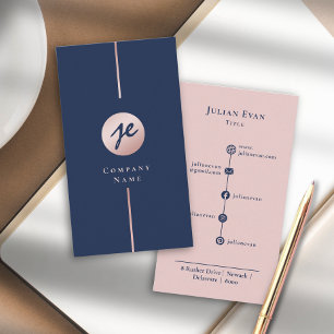 Modern Navy Blue & Blush Pink Rose Gold Monogram Business Card