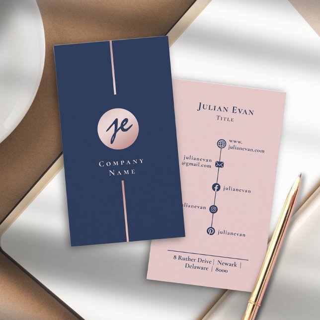 Modern Navy Blue & Blush Pink Rose Gold Monogram Business Card (Modern Navy Blue & Blush Pink Rose Gold Monogram Business Card)