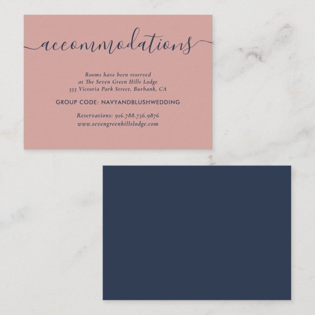 Modern Navy Blue Blush Wedding Accommodation Cards (Front/Back)