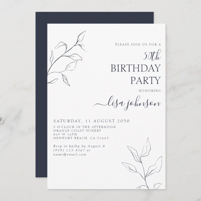 Modern Navy Blue Botanical 50th Birthday Invitation (Front/Back)