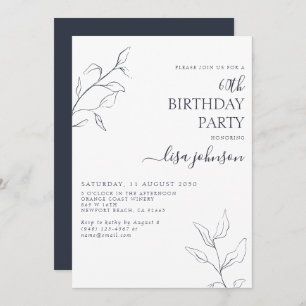 Modern Navy Blue Botanical 60th Birthday Invitation