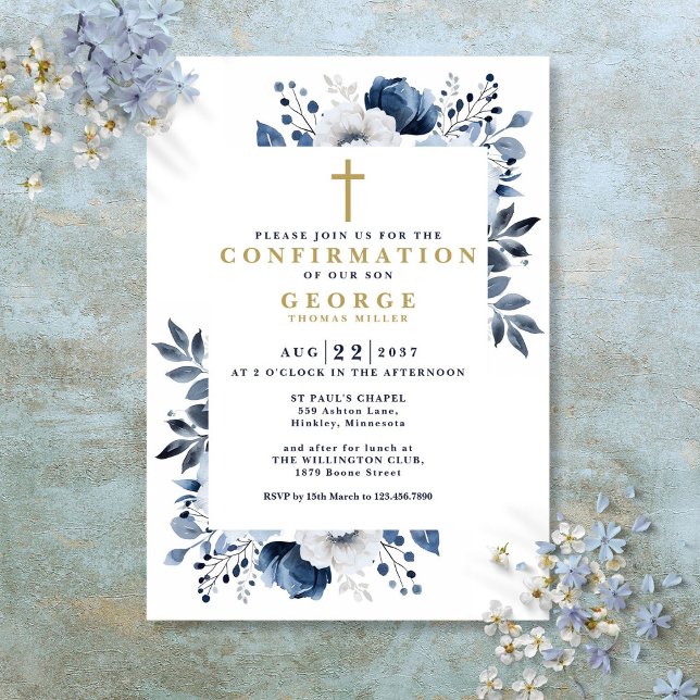 Modern Navy Blue Botanical Floral Confirmation Invitation (Navy Blue Floral Botanical Modern Confirmation Invitation)