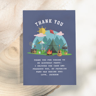 Modern Navy Blue Boy Camp Out Birthday Party Thank You Card
