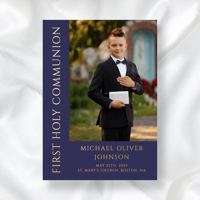 Modern Navy Blue Boy Photo First Holy Communion (Modern Navy Blue Boy Photo First Holy Communion Foil Invitation)