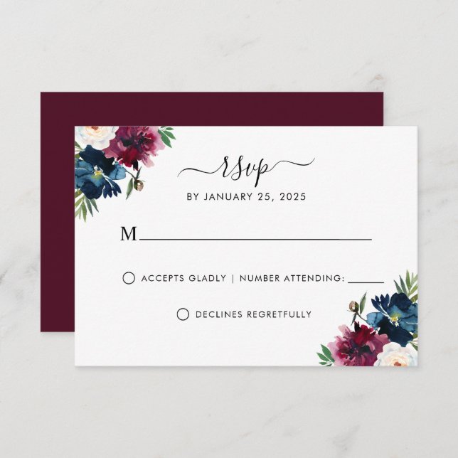 Modern Navy Blue Burgundy Elegant Floral Wedding R RSVP Card (Front/Back)