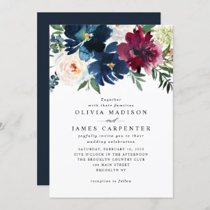 Modern Navy Blue Burgundy Floral Botanical Wedding Invitation
