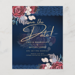 Modern Navy Blue Burgundy Floral Lace Wedding