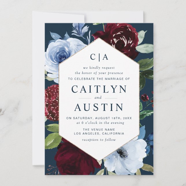 modern navy blue burgundy flowers wedding invitation (Front)