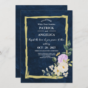 Modern Navy Blue Burgundy Gold Blush Pink Wedding Invitation