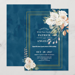 Modern Navy Blue Burgundy Gold Blush Pink Wedding Invitation