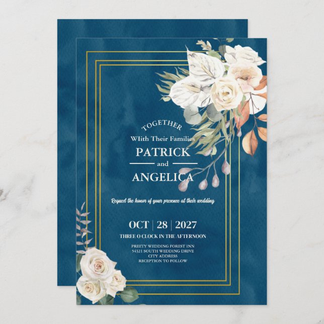 Modern Navy Blue Burgundy Gold Blush Pink Wedding Invitation (Front/Back)