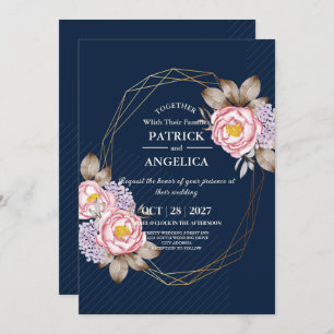 Modern Navy Blue Burgundy Gold Blush Pink Wedding Invitation
