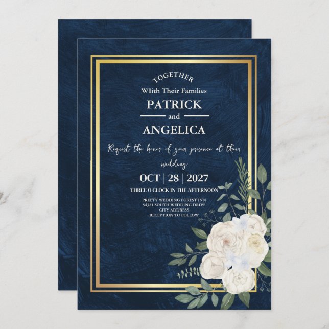 Modern Navy Blue Burgundy Gold Blush Pink Wedding Invitation (Front/Back)