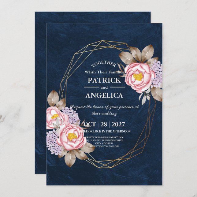 Modern Navy Blue Burgundy Gold Blush Pink Wedding Invitation (Front/Back)