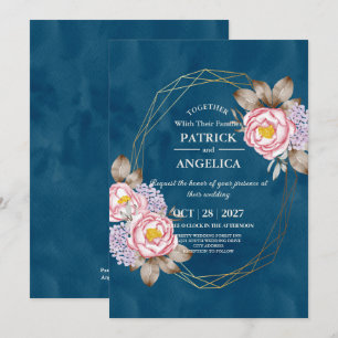 Modern Navy Blue Burgundy Gold Blush Pink Wedding Invitation