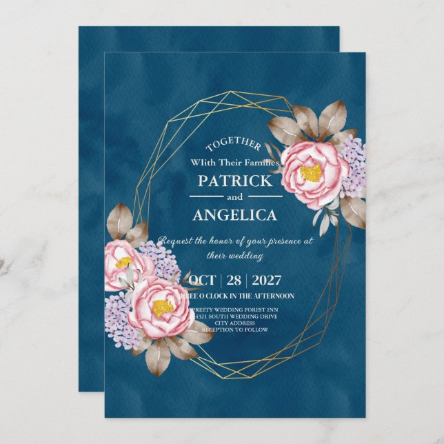 Modern Navy Blue Burgundy Gold Blush Pink Wedding Invitation (Front/Back)