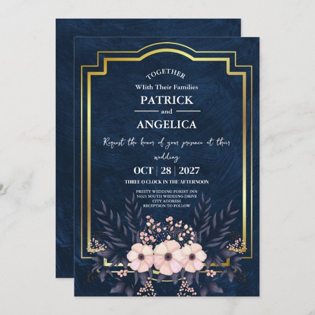 Modern Navy Blue Burgundy Gold Blush Pink Wedding Invitation (Front/Back)