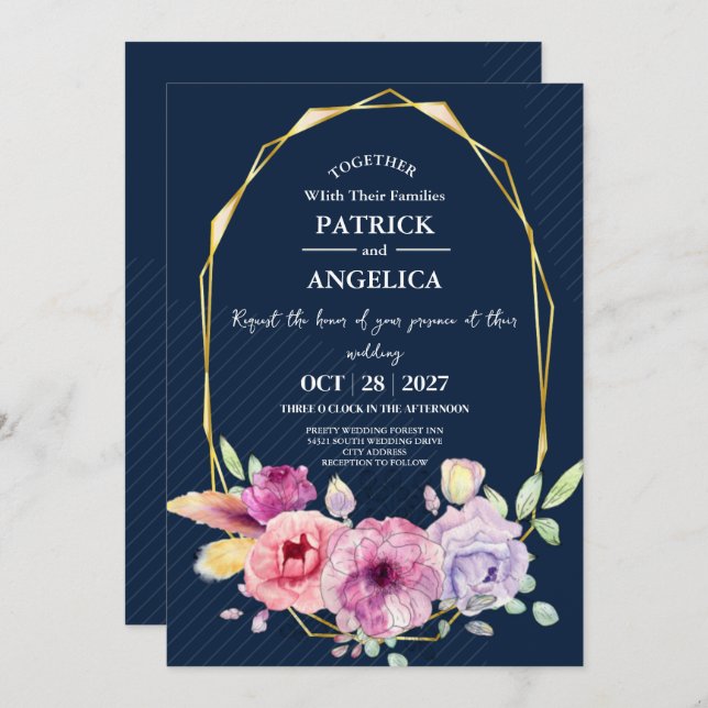 Modern Navy Blue Burgundy Gold Blush Pink Wedding Invitation (Front/Back)