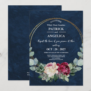 Modern Navy Blue Burgundy Gold Blush Pink Wedding Invitation