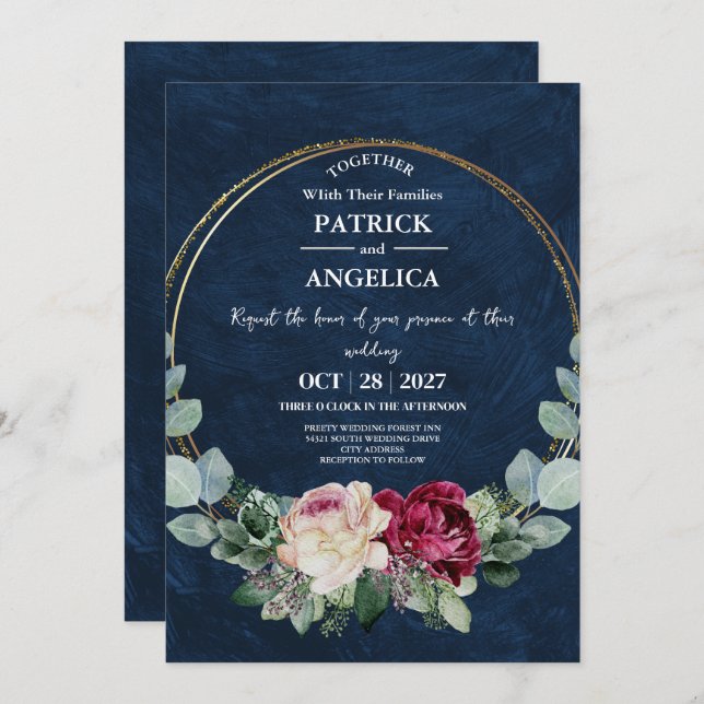 Modern Navy Blue Burgundy Gold Blush Pink Wedding Invitation (Front/Back)