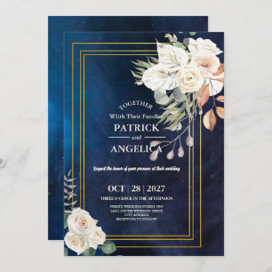 Modern Navy Blue Burgundy Gold Blush Pink Wedding Invitation