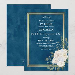 Modern Navy Blue Burgundy Gold Blush Pink Wedding Invitation