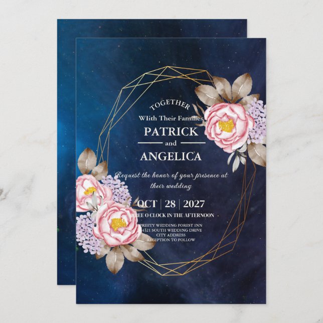 Modern Navy Blue Burgundy Gold Blush Pink Wedding Invitation (Front/Back)